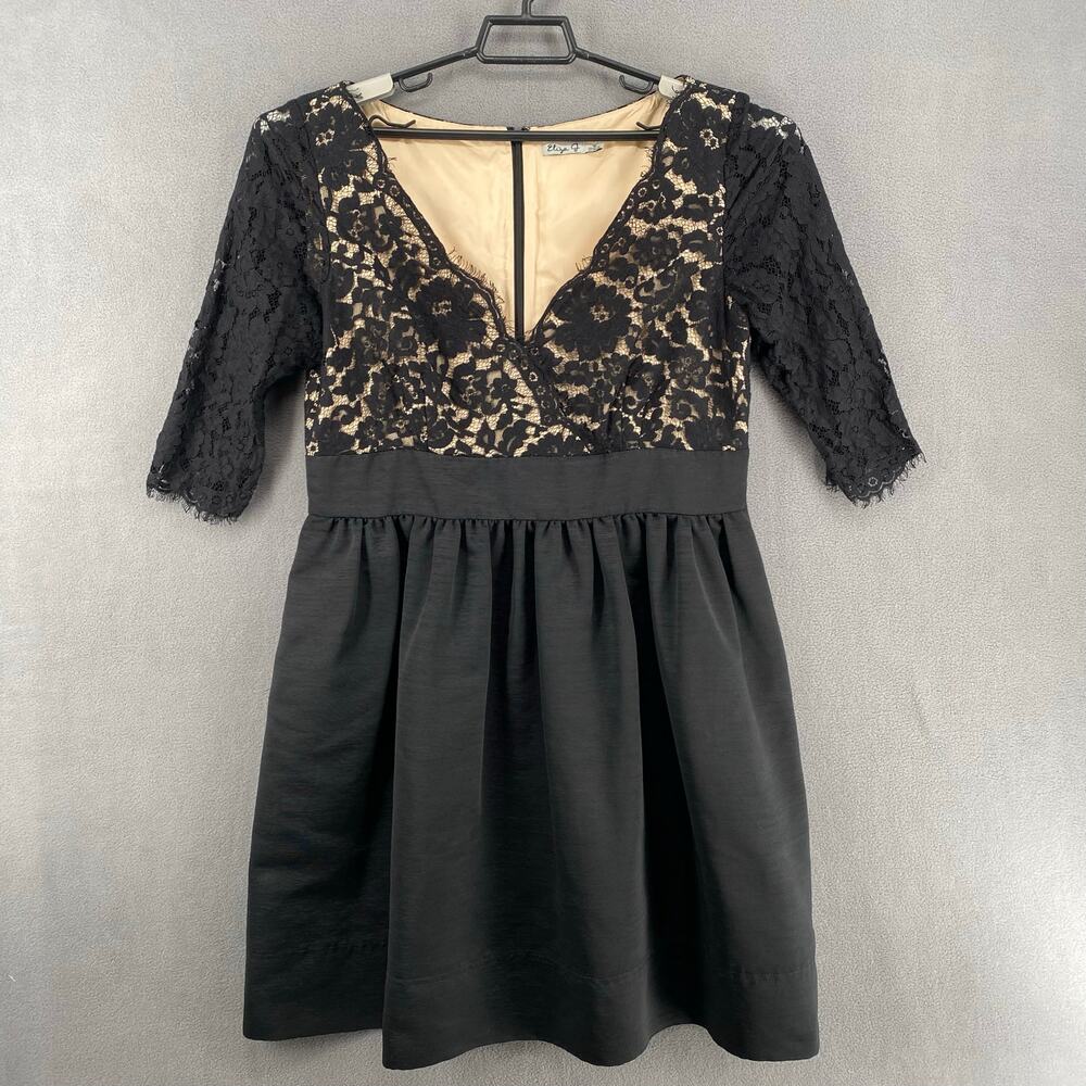 Eliza J Lace Faille Party Dress 16 V Neck Mini‎ 3/4 Sleeve Scalloped Lined